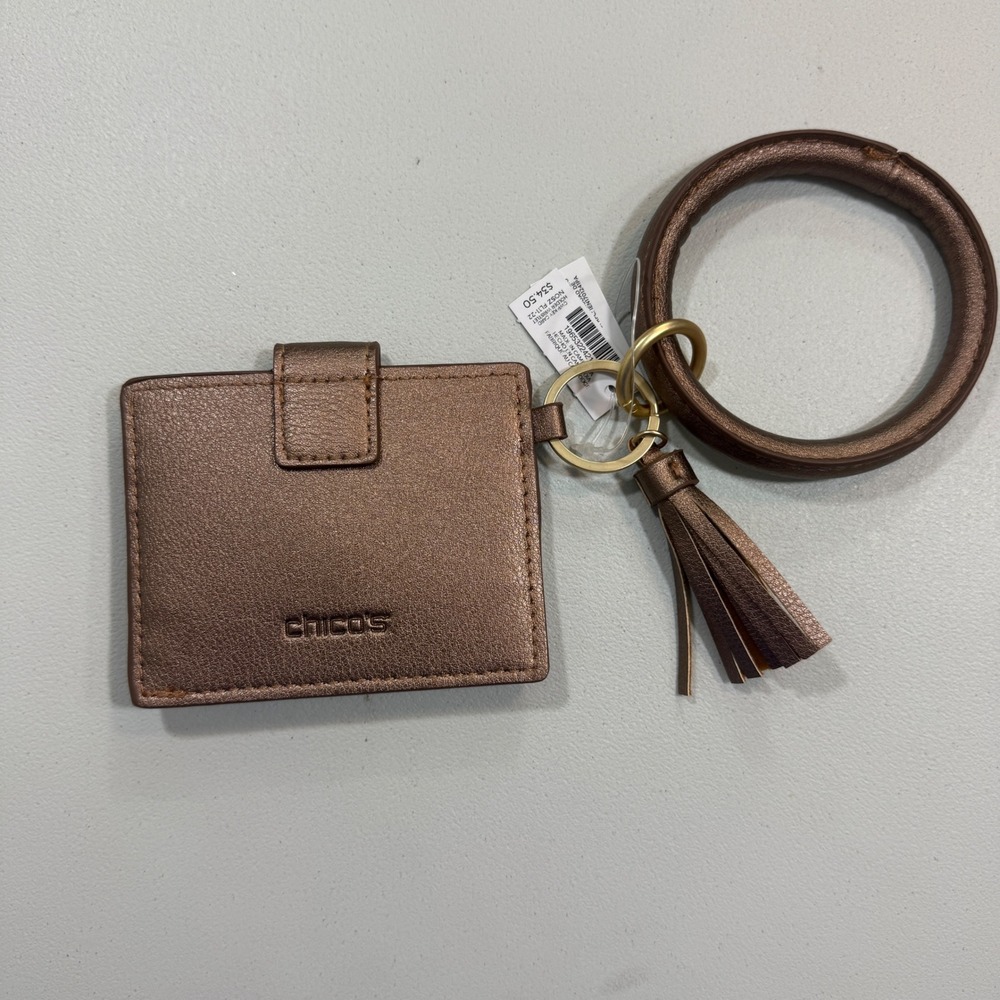 Chicos Womens Card Holder OS Bronze Metallic Wristlet Ring Tassel NWT